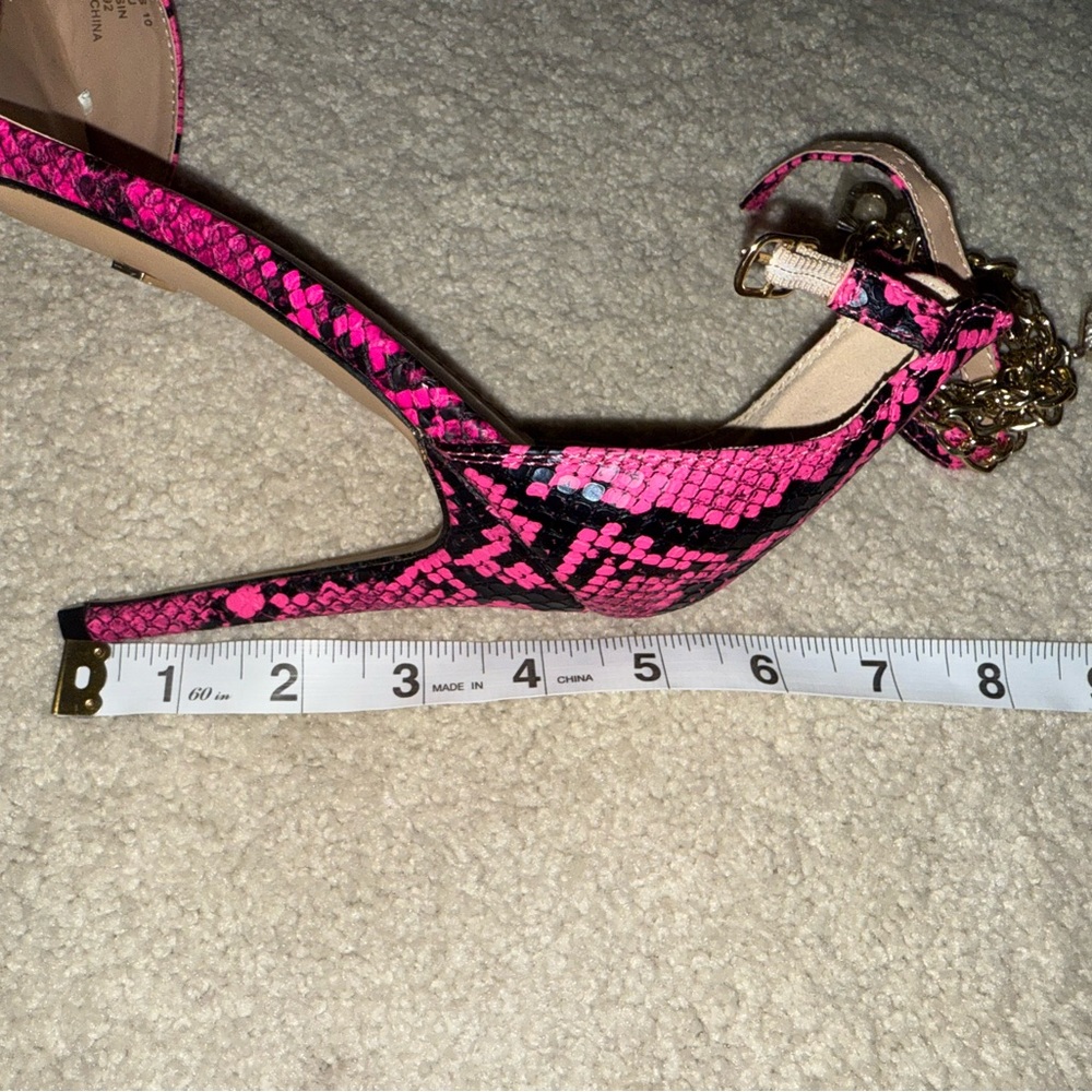 bebe Hot Pink Snake Print Pointed Toe Heels with Gold Chain - Picture 5 of 6